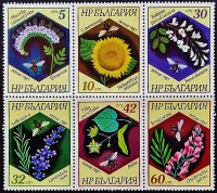 Набор почтовых марок (6 шт.). "Пчёлы и растения". 1987 год, Болгария.