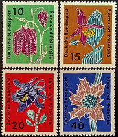 Набор марок (4 шт.). "Выставка флоры и филателии, Гамбург". 1963 год, ФРГ. Набор марок (4 шт.). "Выставка флоры и филателии, Гамбург". 1963 год, ФРГ.