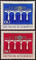 Набор марок (2 шт.). "Европа (C.E.P.T.) — Мост, 25-летие C.E.P.T". 1984 год, ФРГ. Набор марок (2 шт.). "Европа (C.E.P.T.) — Мост, 25-летие C.E.P.T". 1984 год, ФРГ.