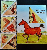 Набор марок (6 шт.) с блоком. "Лошади". 1997 год, Бенин. Набор марок (6 шт.) с блоком. "Лошади". 1997 год, Бенин.