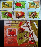 Набор марок (6 шт.) с блоком. "Жуки". 1982 год, Бенин. Набор марок (6 шт.) с блоком. "Жуки". 1982 год, Бенин.