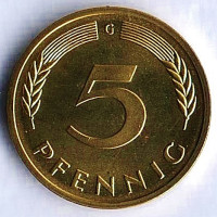 Монета 5 пфеннигов. 1980(G) год, ФРГ. Монета 5 пфеннигов. 1980(G) год, ФРГ.