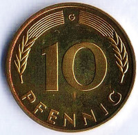 Монета 10 пфеннигов. 1980(G) год, ФРГ. Монета 10 пфеннигов. 1980(G) год, ФРГ.