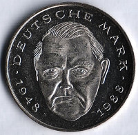 Монета 2 марки. 1990 год (G), ФРГ. Людвиг Эрхард. Монета 2 марки. 1990 год (G), ФРГ. Людвиг Эрхард.