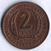 Монета 2 цента. 1958 год, Британские Карибские Территории. Монета 2 цента. 1958 год, Британские Карибские Территории.