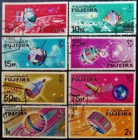 Набор почтовых марок (8 шт.). "Исследование и использование космического пространства". 1966 год, Фуджейра. Набор почтовых марок (8 шт.). "Исследование и использование космического пространства". 1966 год, Фуджейра.
