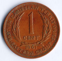 Монета 1 цент. 1961 год, Британские Карибские Территории. Монета 1 цент. 1961 год, Британские Карибские Территории.