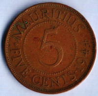 Монета 5 центов. 1944 год, Маврикий. Монета 5 центов. 1944 год, Маврикий.