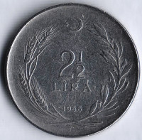 Монета 2-1/2 лиры. 1968 год, Турция. Монета 2-1/2 лиры. 1968 год, Турция.