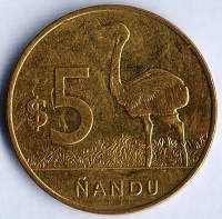 Монета 5 песо. 2019 год, Уругвай. Нанду. Монета 5 песо. 2019 год, Уругвай. Нанду.