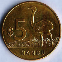 Монета 5 песо. 2024 год, Уругвай. Нанду. Монета 5 песо. 2024 год, Уругвай. Нанду.