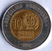 Монета 10 песо. 2019 год, Доминиканская Республика. Монета 10 песо. 2019 год, Доминиканская Республика.