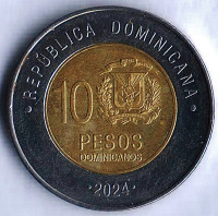 Монета 10 песо. 2024 год, Доминиканская Республика. Магнитная. Монета 10 песо. 2024 год, Доминиканская Республика. Магнитная.